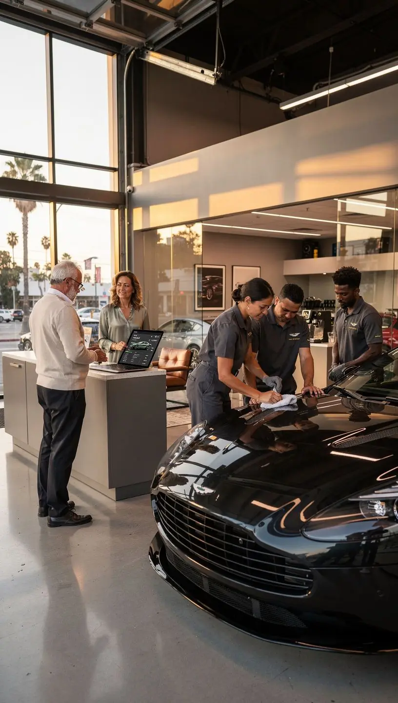 High-end vehicle undergoing tire alignment using advanced machinery designed for precision service of European cars
